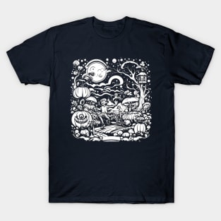 White Night of Trippy Dreamscape Pumpkin Forest, Halloween T-Shirt